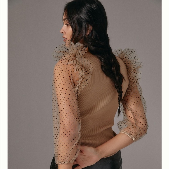 Anthropologie neutral top with sheer sleeves - Picture 3 of 7